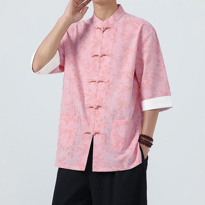 Camisa de lino y algodón de manga corta para hombre con estampado de flores de durazno de verano y Buddha Stones , con botones de rana china - image 14