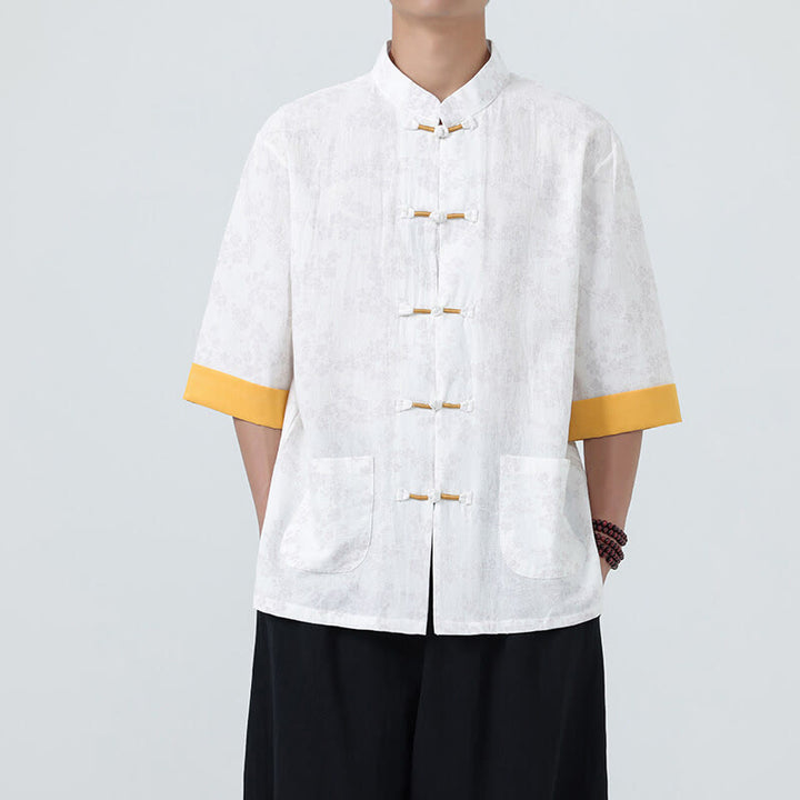 Camisa de lino y algodón de manga corta para hombre con estampado de flores de durazno de verano y Buddha Stones , con botones de rana china - image 16
