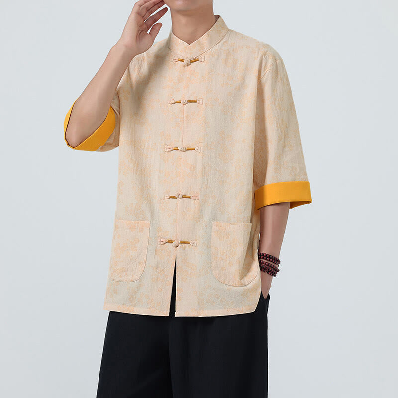 Camisa de lino y algodón de manga corta para hombre con estampado de flores de durazno de verano y Buddha Stones , con botones de rana china - image 11