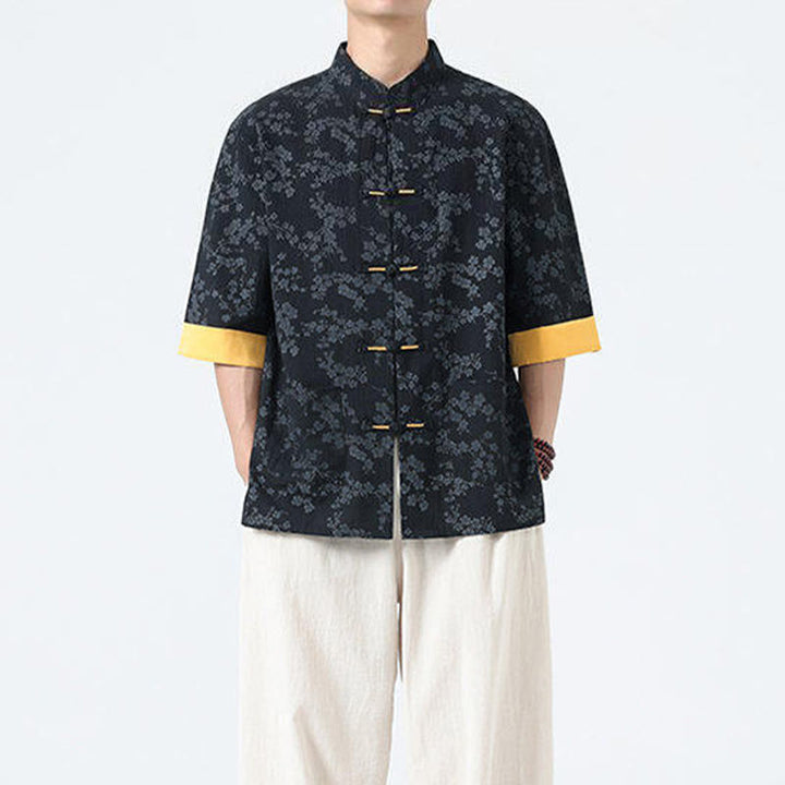 Camisa de lino y algodón de manga corta para hombre con estampado de flores de durazno de verano y Buddha Stones , con botones de rana china - image 4