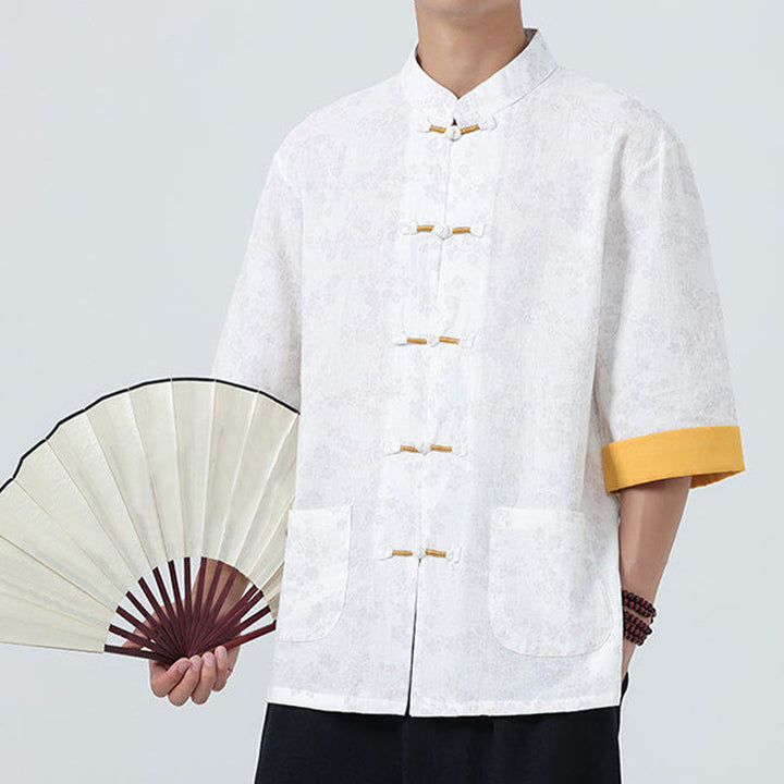 Camisa de lino y algodón de manga corta para hombre con estampado de flores de durazno de verano y Buddha Stones , con botones de rana china - image 17