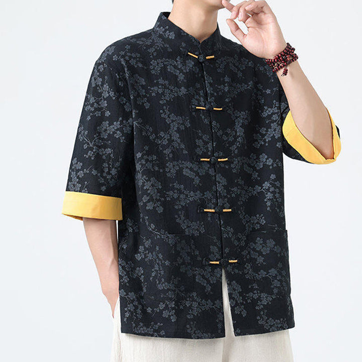 Camisa de lino y algodón de manga corta para hombre con estampado de flores de durazno de verano y Buddha Stones , con botones de rana china - image 2