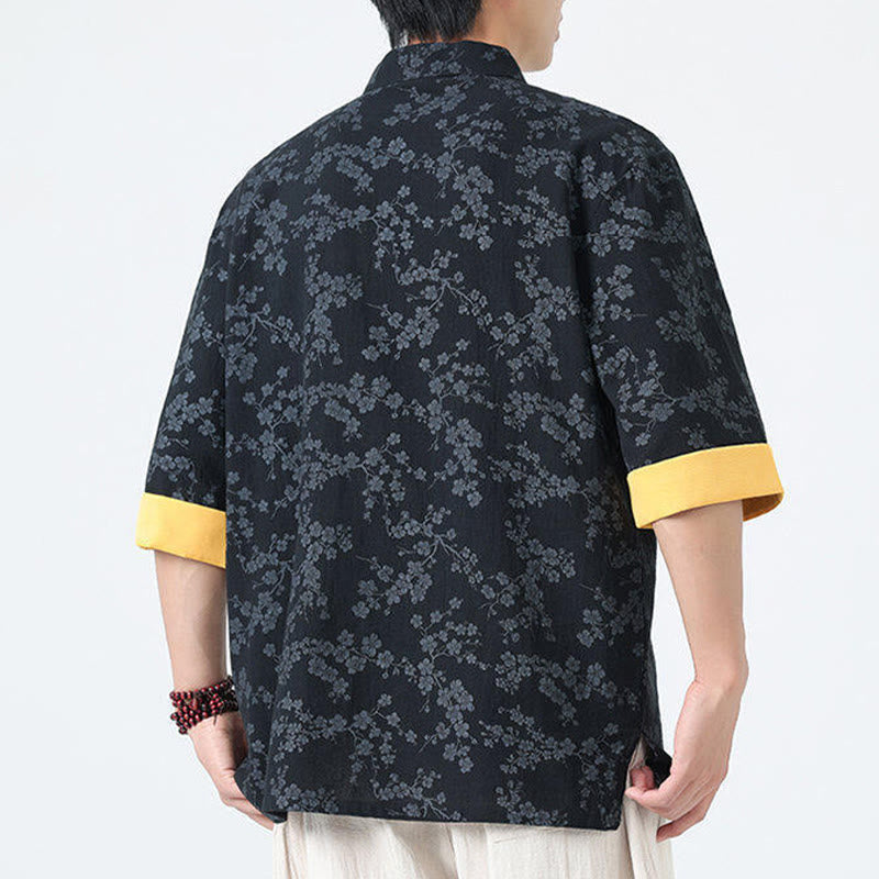 Camisa de lino y algodón de manga corta para hombre con estampado de flores de durazno de verano y Buddha Stones , con botones de rana china - image 3