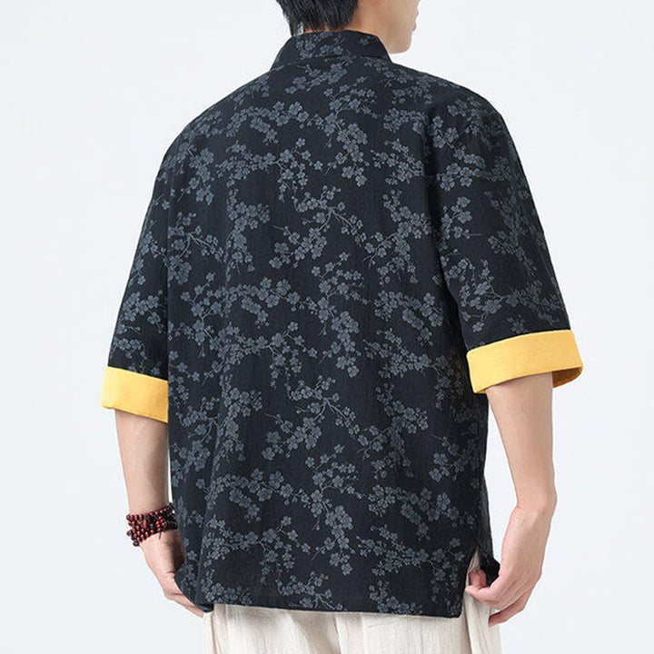 Camisa de lino y algodón de manga corta para hombre con estampado de flores de durazno de verano y Buddha Stones , con botones de rana china - image 3