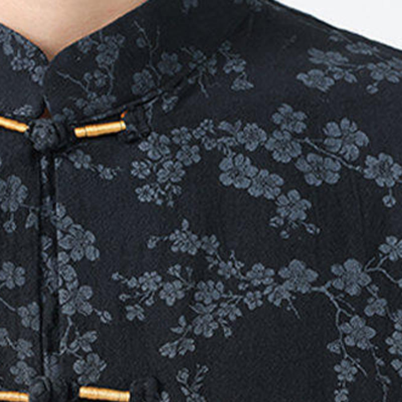 Camisa de lino y algodón de manga corta para hombre con estampado de flores de durazno de verano y Buddha Stones , con botones de rana china - image 5