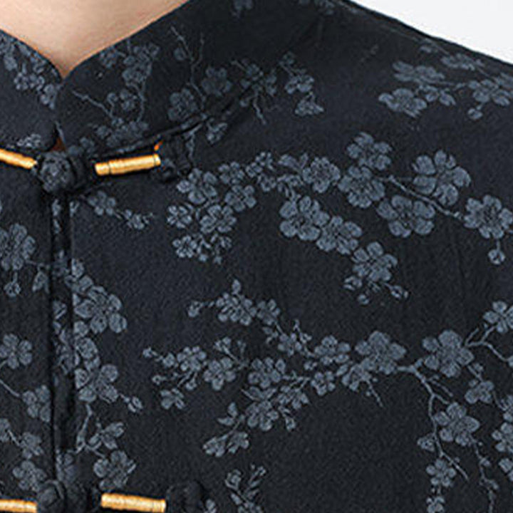 Camisa de lino y algodón de manga corta para hombre con estampado de flores de durazno de verano y Buddha Stones , con botones de rana china - image 5