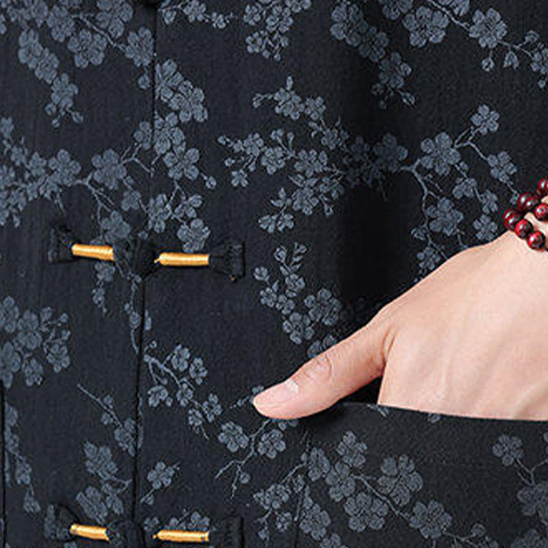 Camisa de lino y algodón de manga corta para hombre con estampado de flores de durazno de verano y Buddha Stones , con botones de rana china - image 7