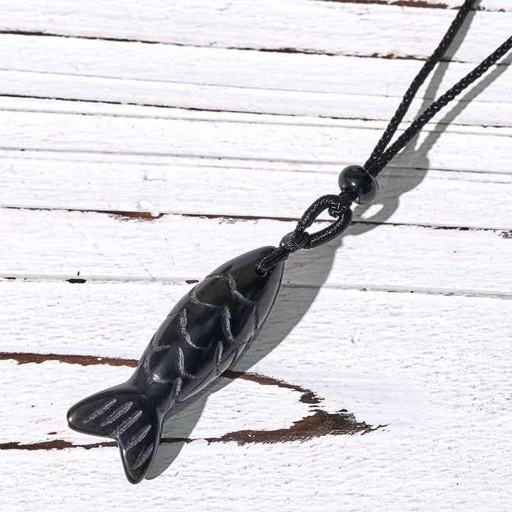 Collar con colgante de Buddha Stones tallada con pez koi, cristal rosa, ágata india, amatista, calidez y prosperidad. - Obsidiana negra (Tamaño del colgante: 15*40 mm) - image 63