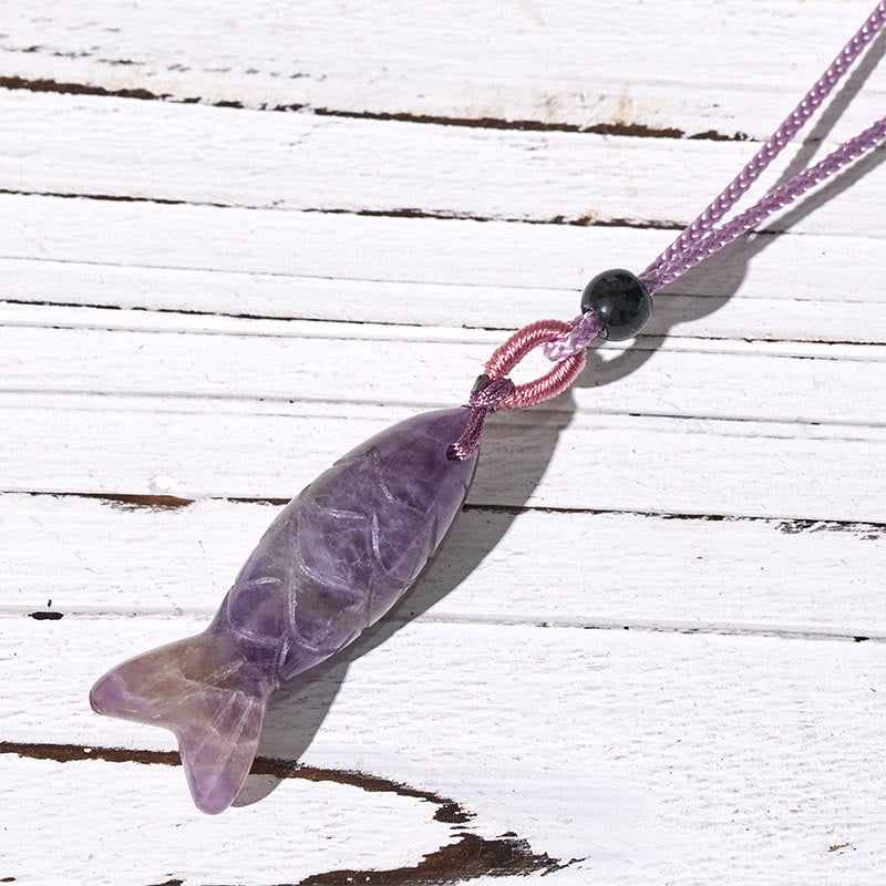 Collar con colgante de Buddha Stones tallada con pez koi, cristal rosa, ágata india, amatista, calidez y prosperidad. - Amatista (Tamaño del colgante: 15*40 mm) - image 12