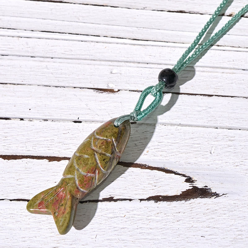 Collar con colgante de Buddha Stones tallada con pez koi, cristal rosa, ágata india, amatista, calidez y prosperidad. - Unakita (Tamaño del colgante: 15*40 mm) - image 58