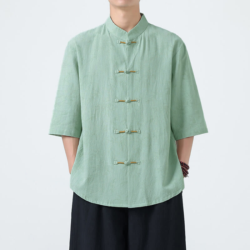 Camisa de lino y algodón de manga corta para hombre, con estampado de hojas de bambú y Buddha Stones de verano, con botones de rana china - Aguamarina - US/UK/AU46, EU56 (5XL) - image 11