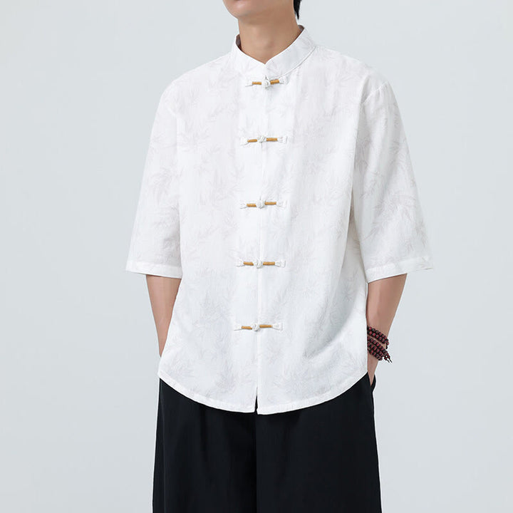 Camisa de lino y algodón de manga corta para hombre, con estampado de hojas de bambú y Buddha Stones de verano, con botones de rana china - Blanco - US/UK/AU46, EU56 (5XL) - image 15