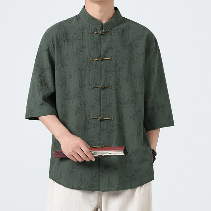 Camisa de lino y algodón de manga corta para hombre, con estampado de hojas de bambú y Buddha Stones de verano, con botones de rana china - image 8