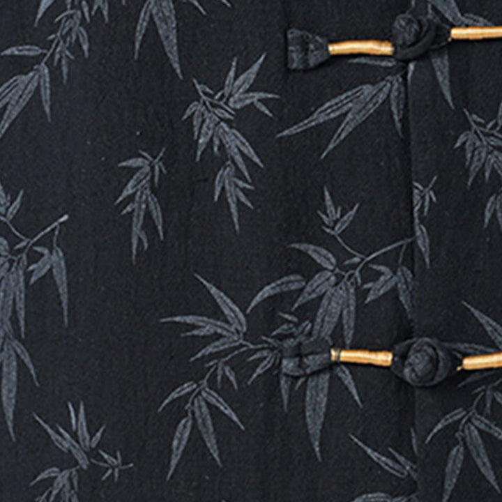 Camisa de lino y algodón de manga corta para hombre, con estampado de hojas de bambú y Buddha Stones de verano, con botones de rana china - image 3