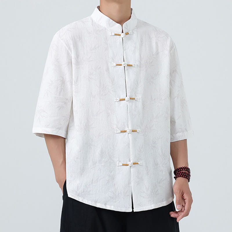 Camisa de lino y algodón de manga corta para hombre, con estampado de hojas de bambú y Buddha Stones de verano, con botones de rana china - image 16