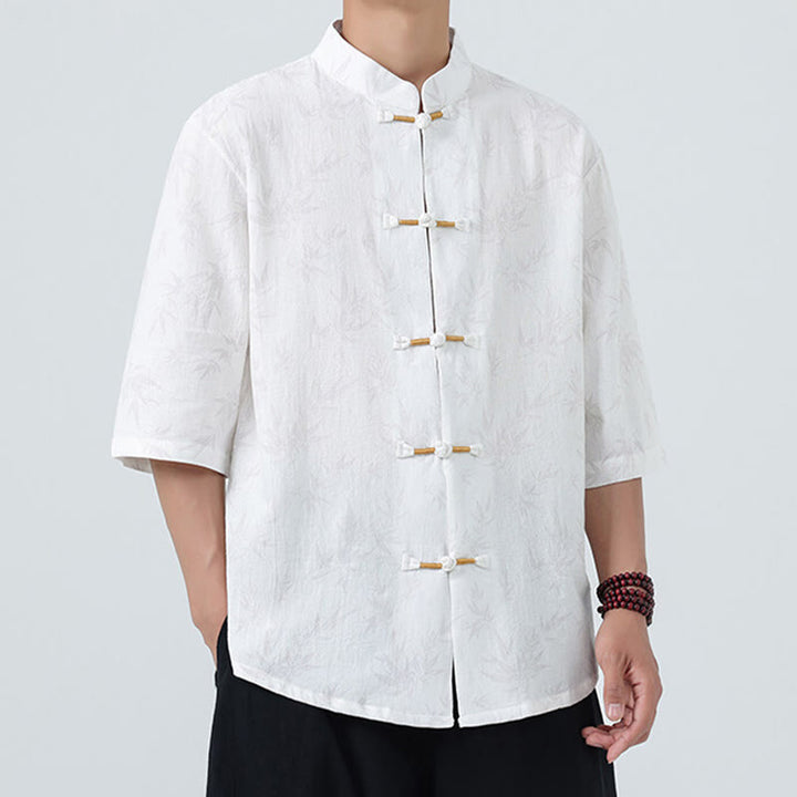 Camisa de lino y algodón de manga corta para hombre, con estampado de hojas de bambú y Buddha Stones de verano, con botones de rana china - image 16