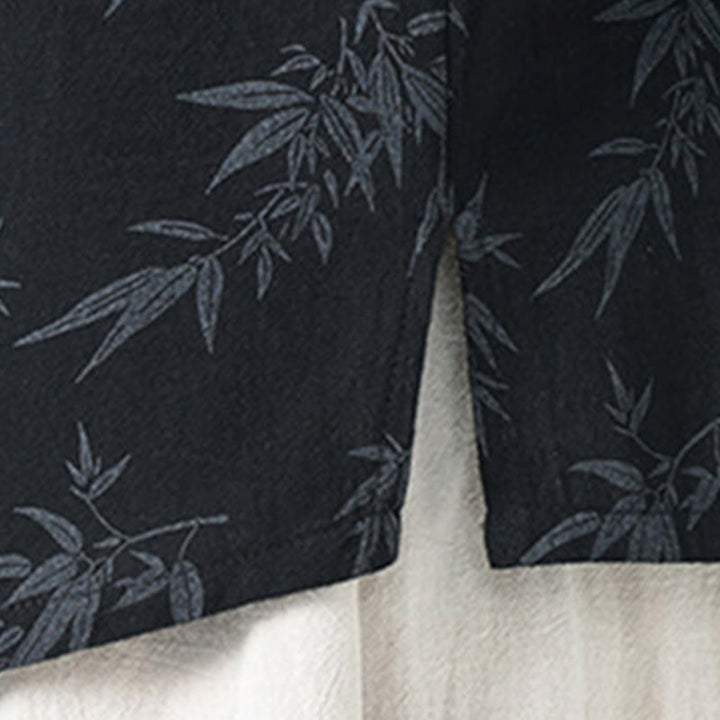 Camisa de lino y algodón de manga corta para hombre, con estampado de hojas de bambú y Buddha Stones de verano, con botones de rana china - image 6