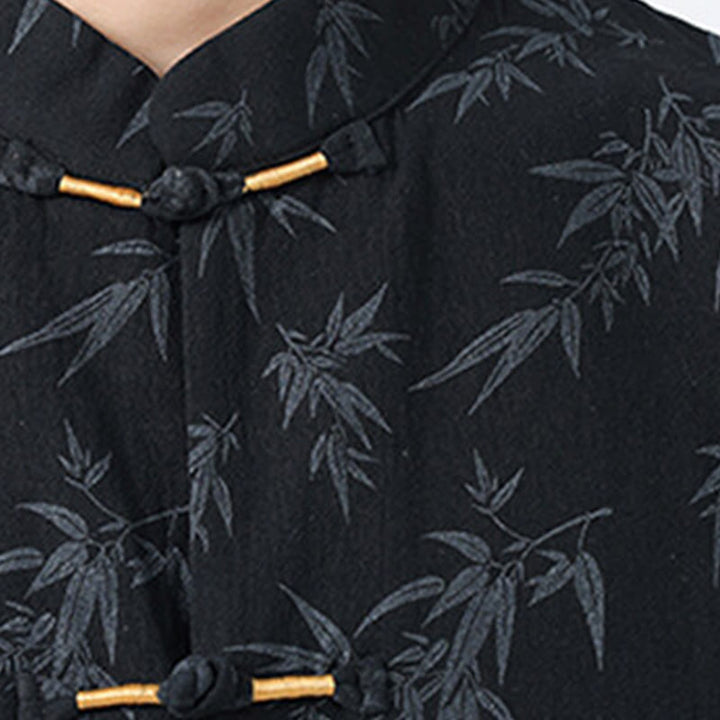 Camisa de lino y algodón de manga corta para hombre, con estampado de hojas de bambú y Buddha Stones de verano, con botones de rana china - image 5