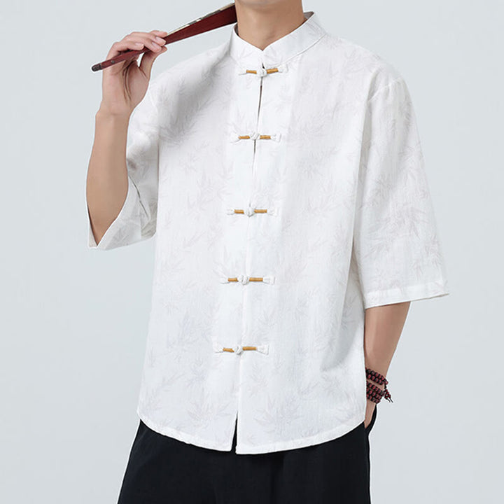 Camisa de lino y algodón de manga corta para hombre, con estampado de hojas de bambú y Buddha Stones de verano, con botones de rana china - image 17