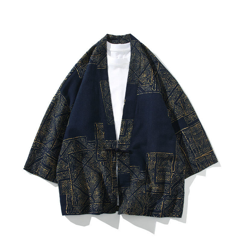 Chaqueta tipo kimono de algodón para hombre, con diseño geométrico de Buddha Stones , rayas y mariposas, de media manga y frente abierto. - Cuadrado azul - US/UK/AU46, EU56 (5XL) - image 0
