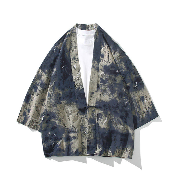 Chaqueta tipo kimono de algodón para hombre, con diseño geométrico de Buddha Stones , rayas y mariposas, de media manga y frente abierto. - Azul tinta beige - US/UK/AU46, EU56 (5XL) - image 14
