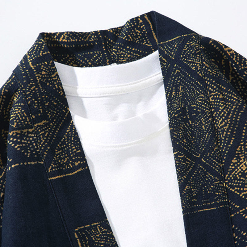Kimono para hombre con Buddha Stones, geometría, rayas florales y mariposas, diseño abierto y manga corta. - image 3