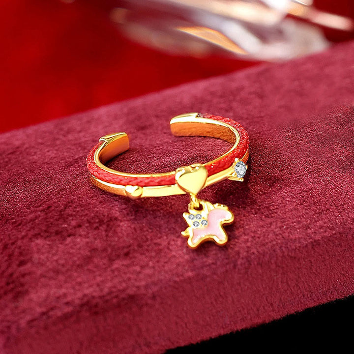 Anillo abierto de la suerte con hilo rojo de Buddha Stones en plata de ley 925 - Unicornio dorado de plata 925 con hilo rojo (ajustable) - image 1