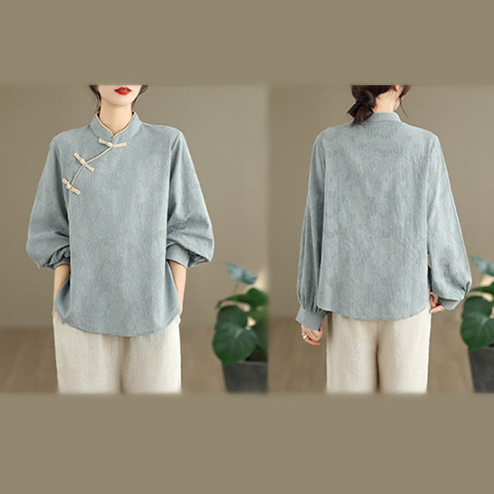 Camisa de algodón para mujer, de manga larga, cuello alto, botones de rana y flores tradicionales de primavera con Buddha Stones - image 5