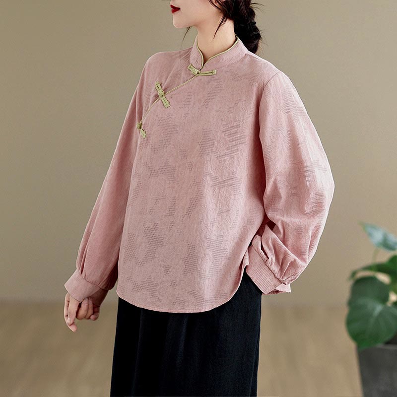 Camisa de algodón para mujer, de manga larga, cuello alto, botones de rana y flores tradicionales de primavera con Buddha Stones - image 8