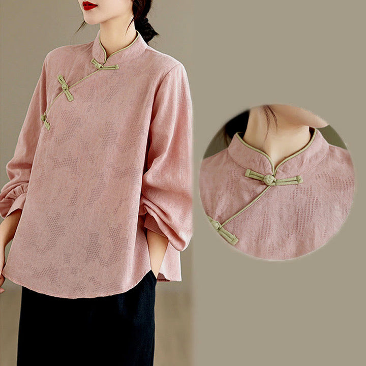 Camisa de algodón para mujer, de manga larga, cuello alto, botones de rana y flores tradicionales de primavera con Buddha Stones - image 16