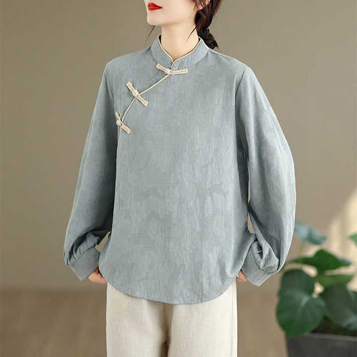 Camisa de algodón para mujer, de manga larga, cuello alto, botones de rana y flores tradicionales de primavera con Buddha Stones - image 2