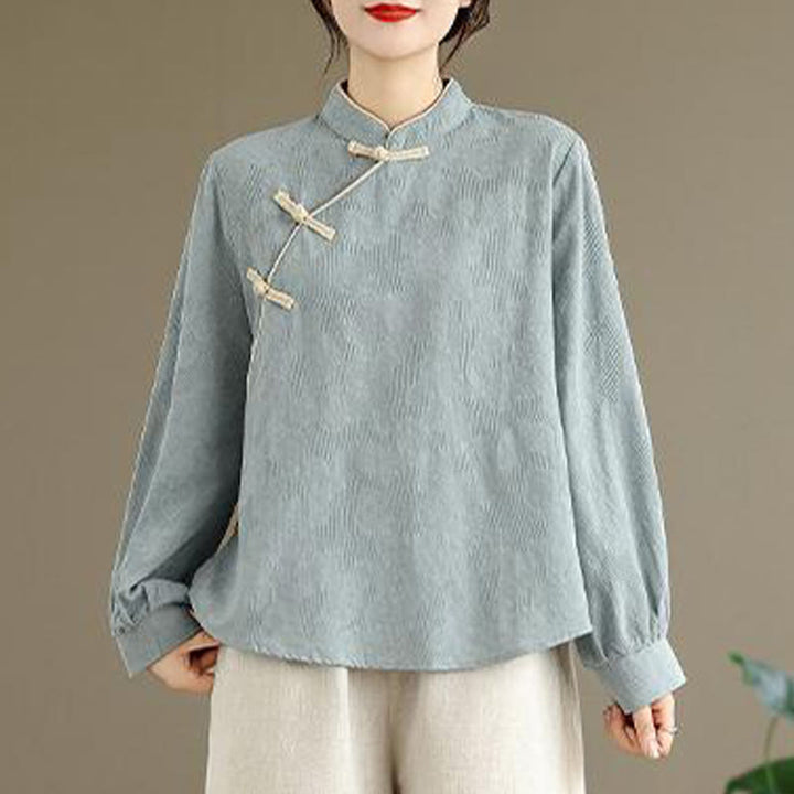 Camisa de algodón para mujer, de manga larga, cuello alto, botones de rana y flores tradicionales de primavera con Buddha Stones - Azul claro - US8-10，UK/AU12-14，EU40-42 (2XL) - image 0