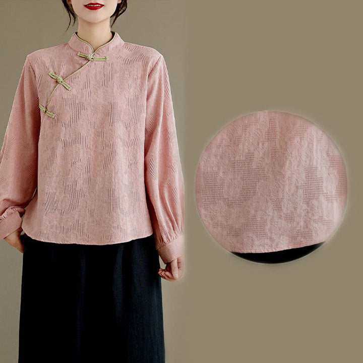 Camisa de algodón para mujer, de manga larga, cuello alto, botones de rana y flores tradicionales de primavera con Buddha Stones - image 17