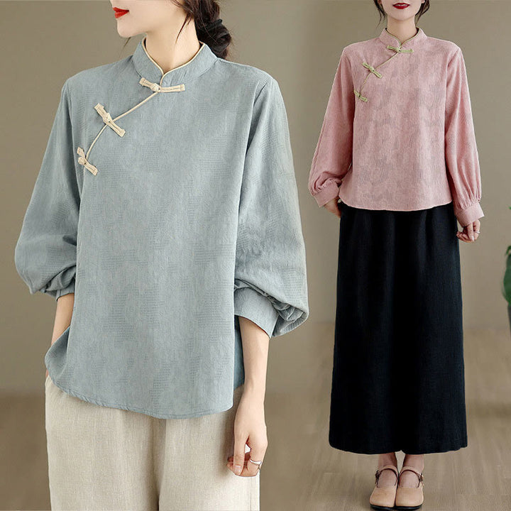 Camisa de algodón para mujer, de manga larga, cuello alto, botones de rana y flores tradicionales de primavera con Buddha Stones - image 19