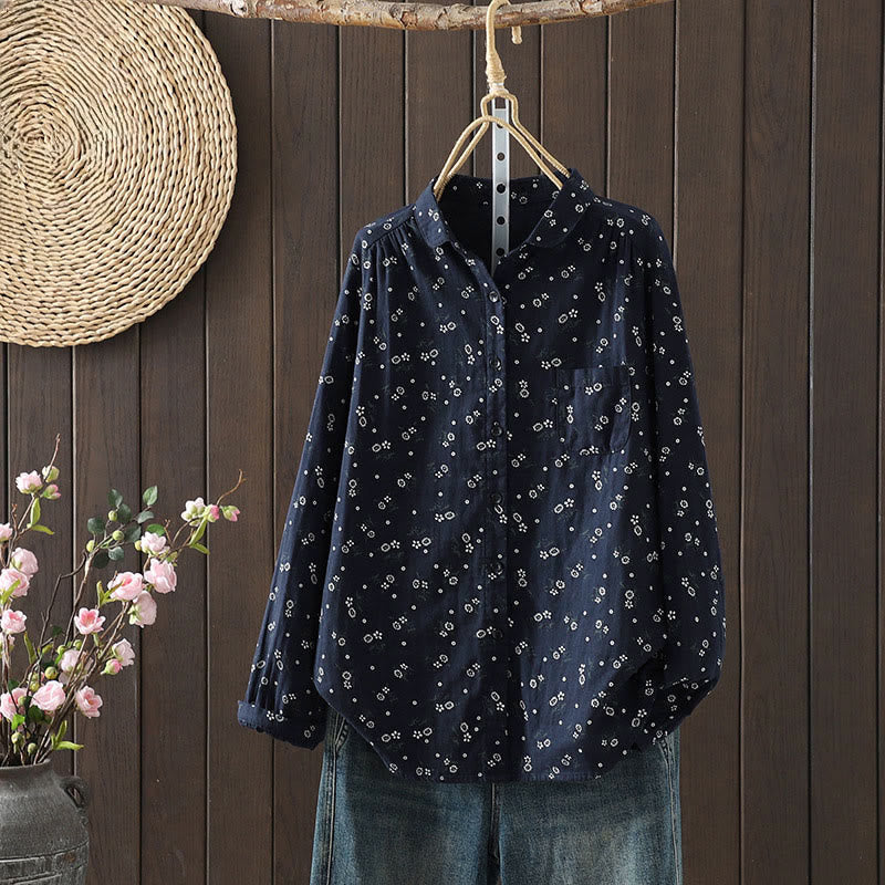 Camisa de algodón de manga larga para mujer con estampado floral pequeño de Buddha Stones otoñales. - Azul acero - US8-10，UK/AU12-14，EU40-42 (2XL) - image 0