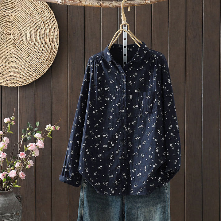 Camisa de algodón de manga larga para mujer con estampado floral pequeño de Buddha Stones otoñales. - Azul acero - US8-10，UK/AU12-14，EU40-42 (2XL) - image 0