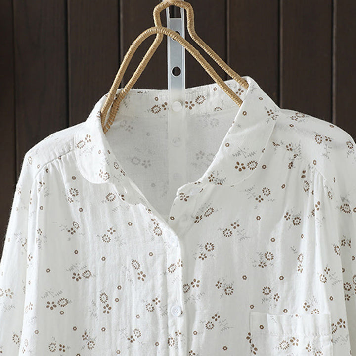 Camisa de algodón de manga larga para mujer con estampado floral pequeño de Buddha Stones otoñales. - image 12