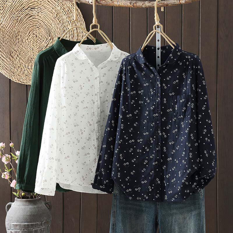 Camisa de algodón de manga larga para mujer con estampado floral pequeño de Buddha Stones otoñales. - image 1
