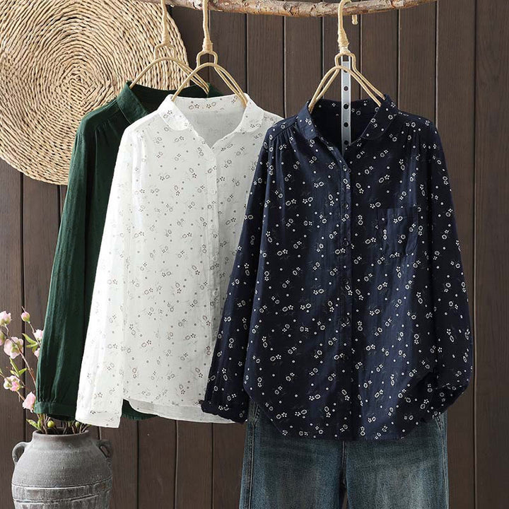 Camisa de algodón de manga larga para mujer con estampado floral pequeño de Buddha Stones otoñales. - image 1