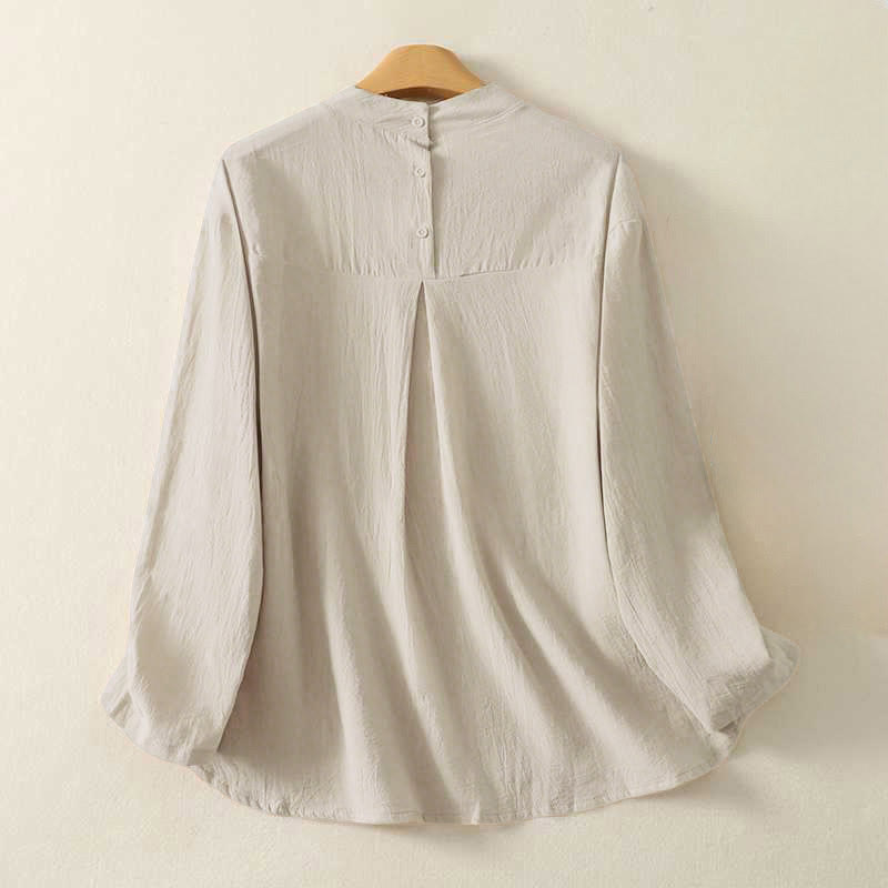 Camisa de algodón de manga larga para mujer con diseño de tres botones en la espalda y cuello redondo con estampado de Buddha Stones Fall - image 1