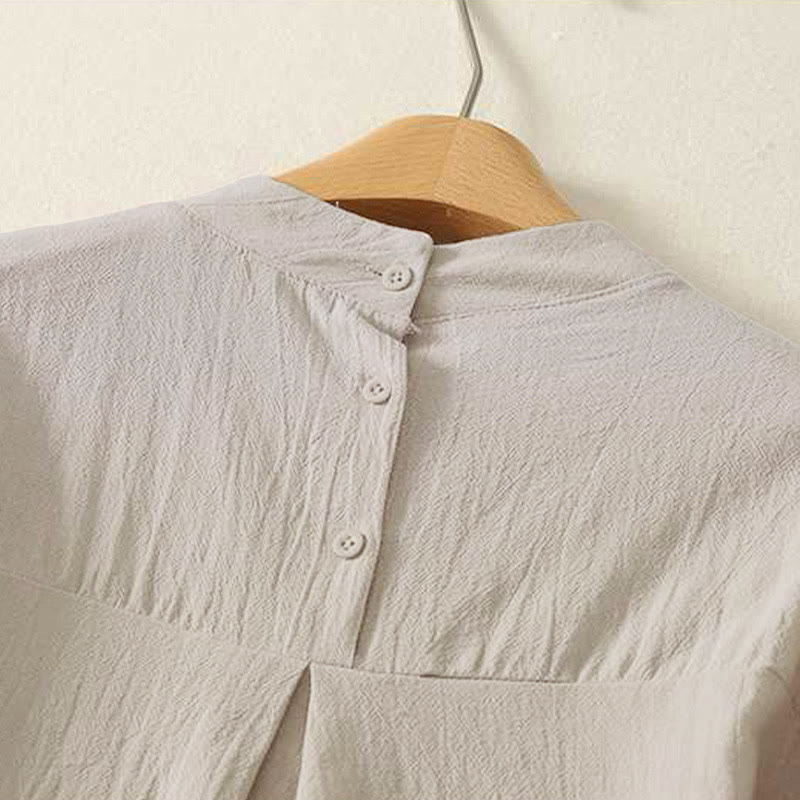 Camisa de algodón de manga larga para mujer con diseño de tres botones en la espalda y cuello redondo con estampado de Buddha Stones Fall - image 3