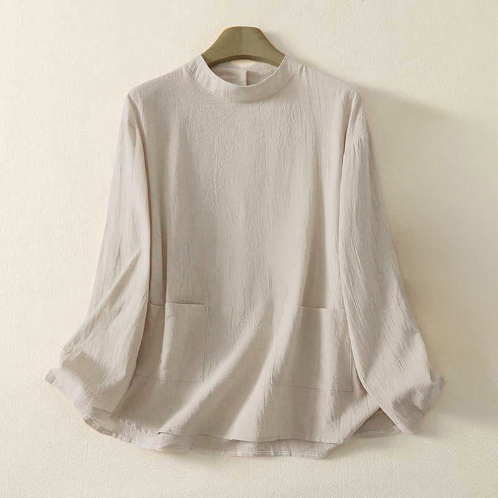 Camisa de algodón de manga larga para mujer con diseño de tres botones en la espalda y cuello redondo con estampado de Buddha Stones Fall - Beige - US8-10，UK/AU12-14，EU40-42 (2XL) - image 0