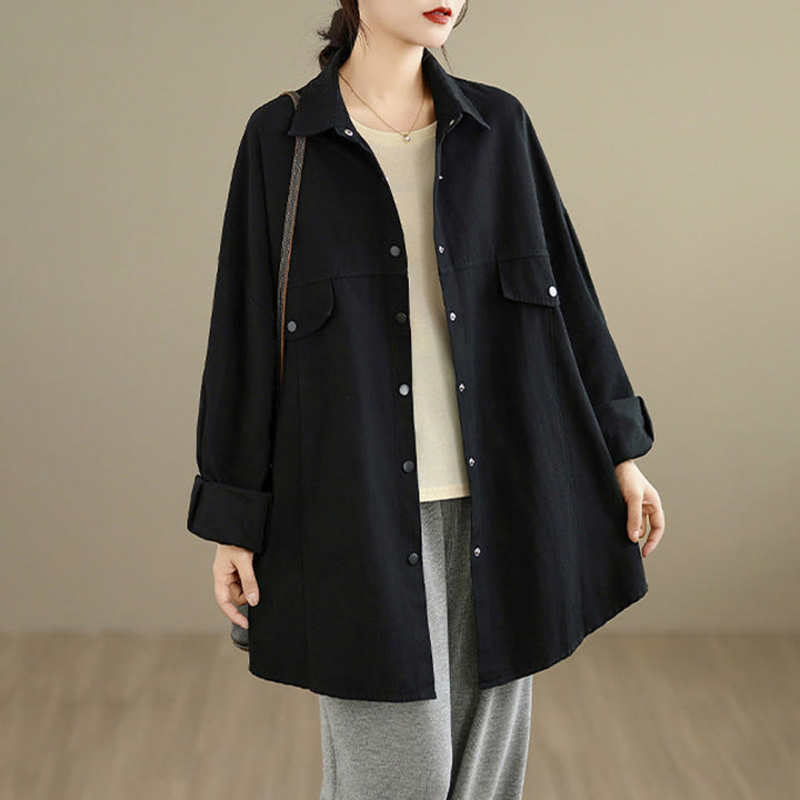 Buddha Stones Chaqueta de algodón de manga larga para mujer, diseño sencillo con botones y solapa de color puro, para otoño - image 7