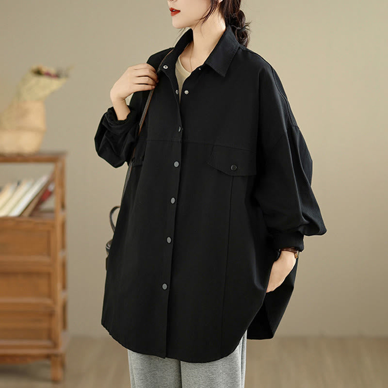 Buddha Stones Chaqueta de algodón de manga larga para mujer, diseño sencillo con botones y solapa de color puro, para otoño - image 9