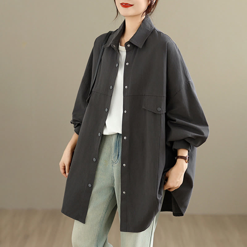 Buddha Stones Chaqueta de algodón de manga larga para mujer, diseño sencillo con botones y solapa de color puro, para otoño - image 1