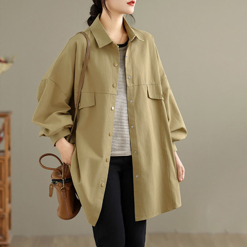 Buddha Stones Chaqueta de algodón de manga larga para mujer, diseño sencillo con botones y solapa de color puro, para otoño - image 13