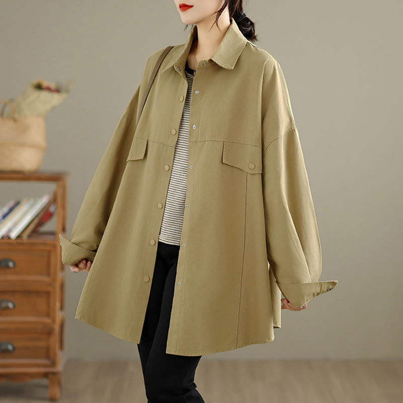 Buddha Stones Chaqueta de algodón de manga larga para mujer, diseño sencillo con botones y solapa de color puro, para otoño - image 14