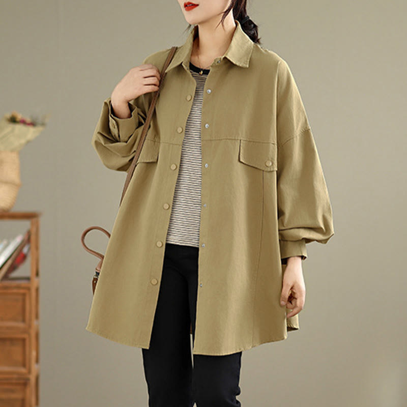 Buddha Stones Chaqueta de algodón de manga larga para mujer, diseño sencillo con botones y solapa de color puro, para otoño - image 12