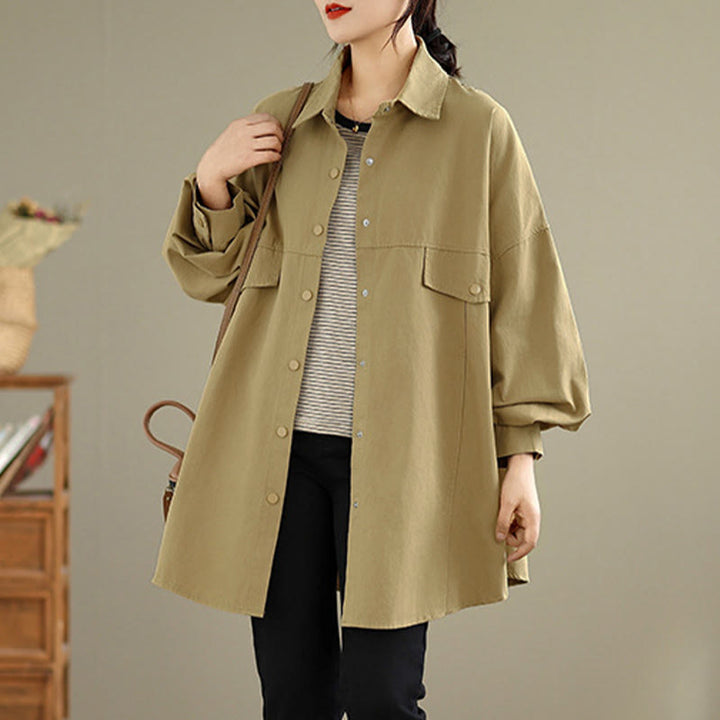 Buddha Stones Chaqueta de algodón de manga larga para mujer, diseño sencillo con botones y solapa de color puro, para otoño - image 12