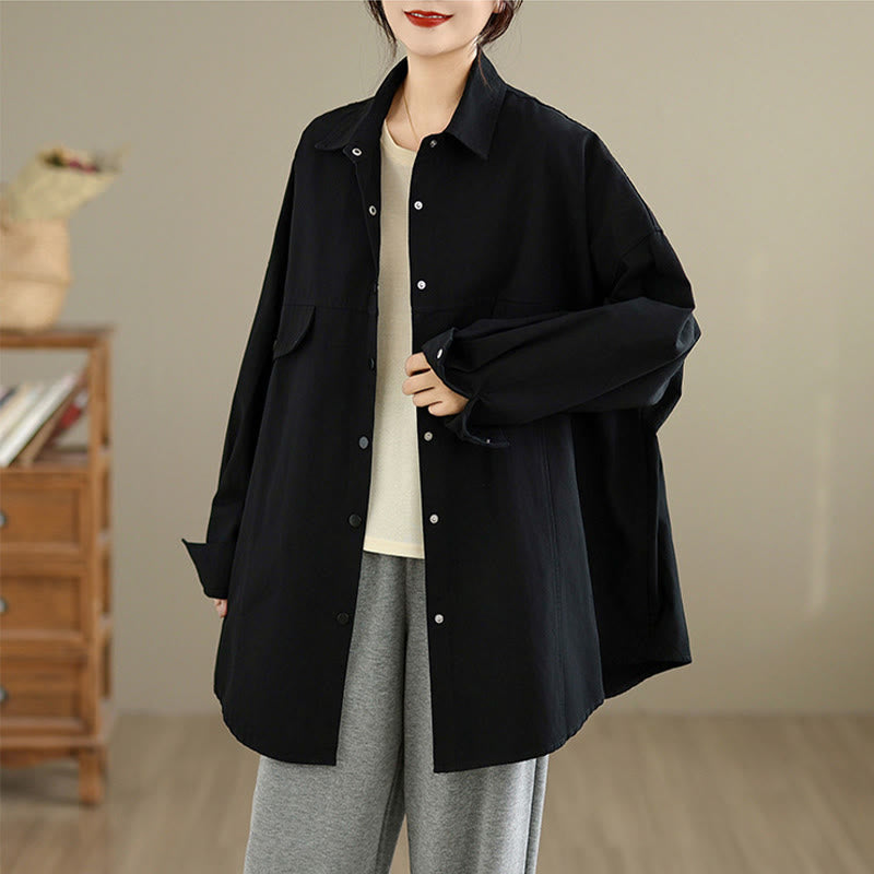 Buddha Stones Chaqueta de algodón de manga larga para mujer, diseño sencillo con botones y solapa de color puro, para otoño - image 8